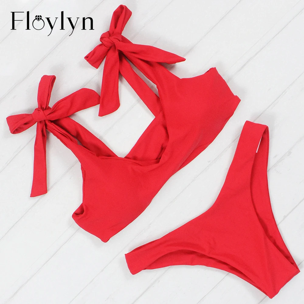 

Floylyn Bow Tie Shoulder Women Bikini Set Sexy Swimwear Brazilian Biquini Solid High Cut Swimsuit Maillot De Bain Femme