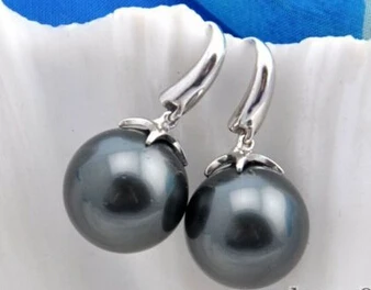 

ry00880 16mm round black shell pearl dangle earring silver hook