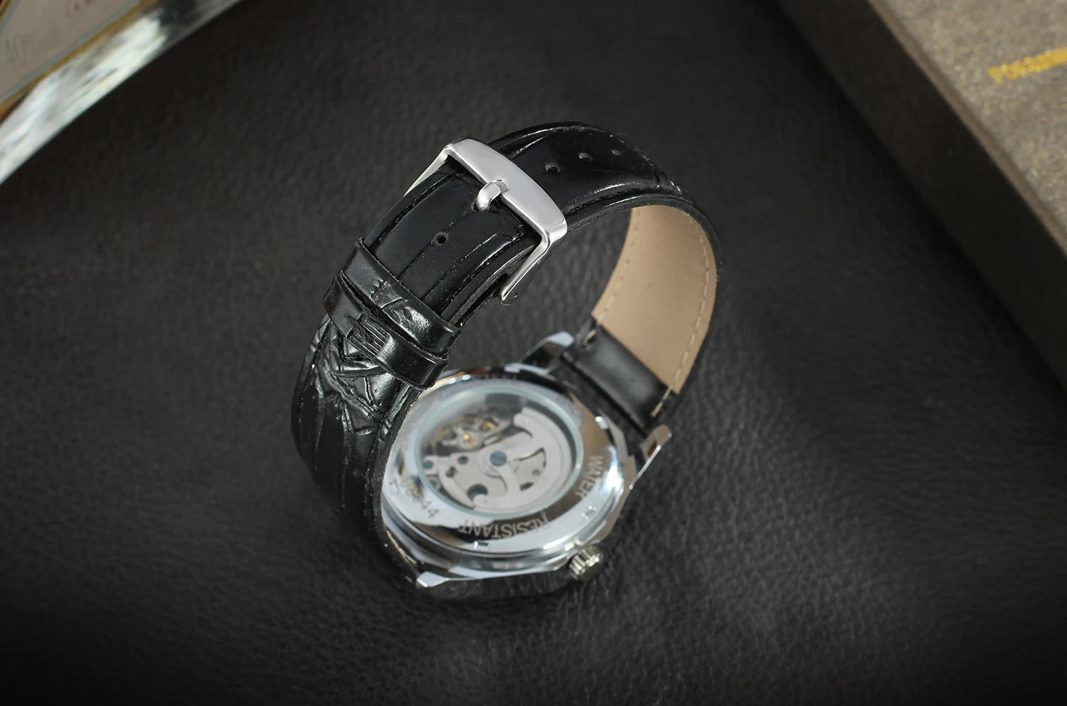 Часы WINNER Серебристые круглые синие римские цифры черная поверхность черный кожаный ремешок Мужские автоматические часы