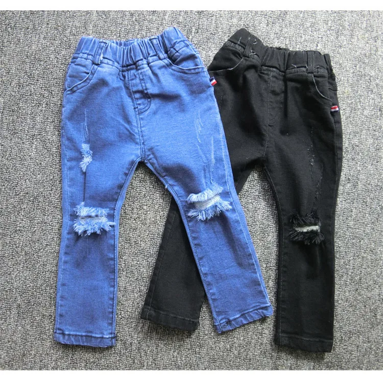 

2018 Spring Summer Girls Pencil Jeans Distressed with Hole Casual Elastic Waist Boy Jeans Children Denim Pant Baby Girl Clothes