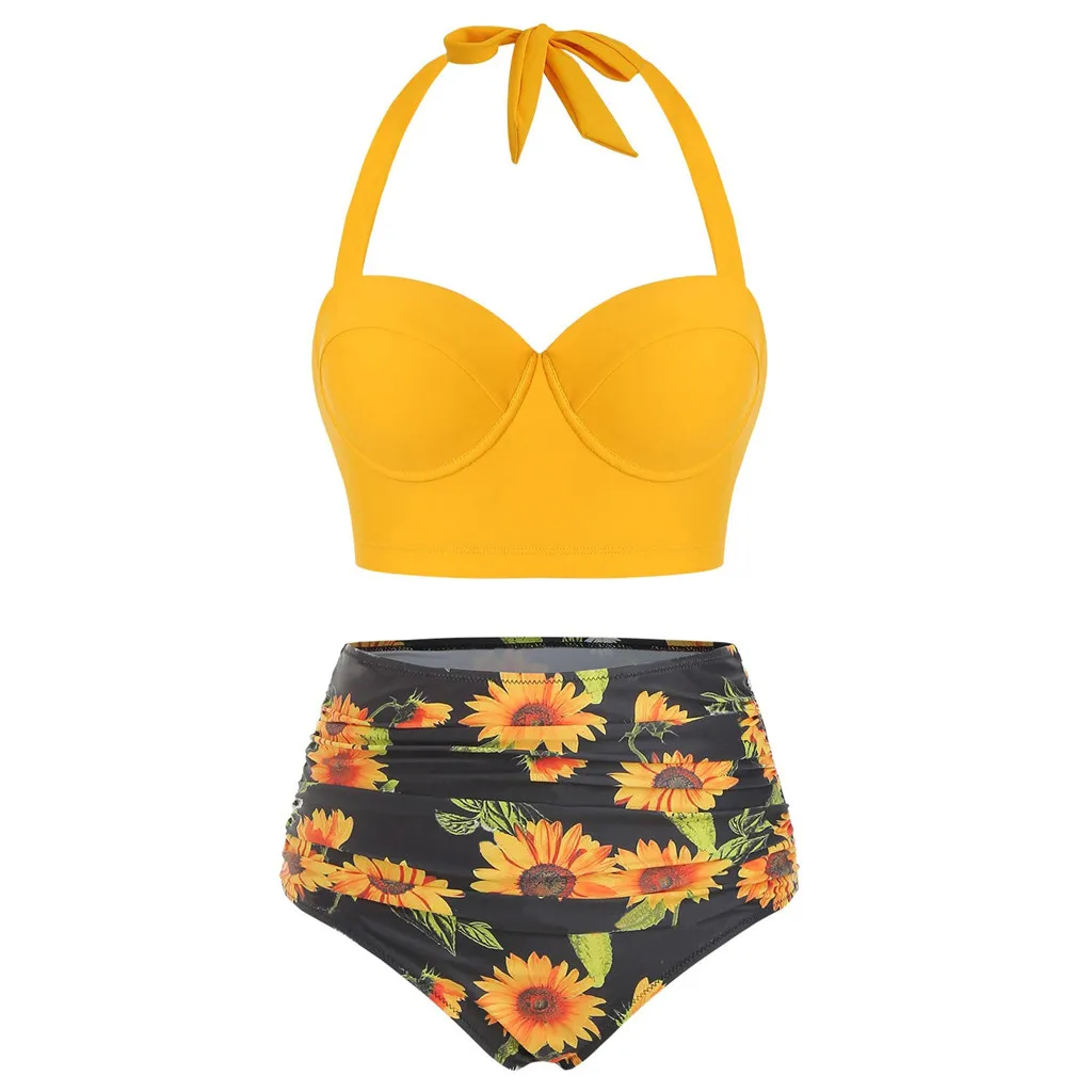 

Summer Sexy Split Underwear Sunflower Print Bandage pure-color Swimsuit Pastoral Style self-cultivation Elastic Underwear Beach