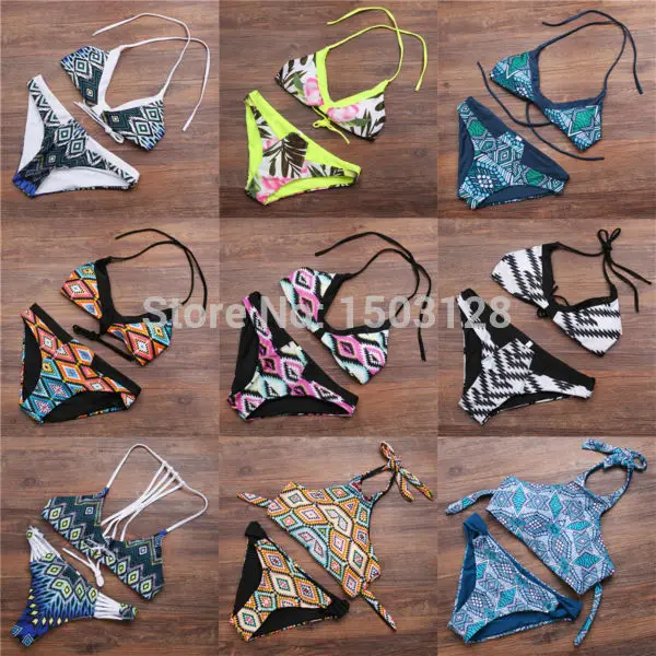 

Halter Push-Up Triangle Top Swimwear Brazillian Two Piece Bikini Set  Retro Geometry Print Swimsuit  Sunbathing Suit