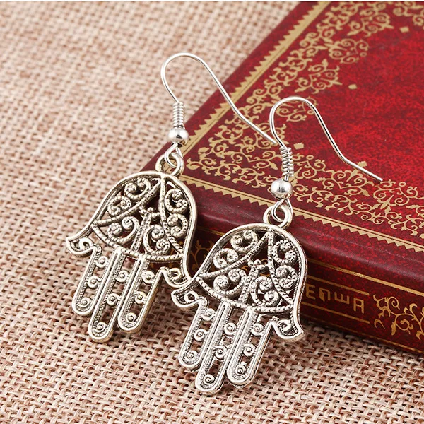 

Hot Fashion Ancient Silver Pierced Fatima hamsa Hand Hook Earrings Dangle Drop Brincos For Women Fine Jewelry Bohemian Jewelry