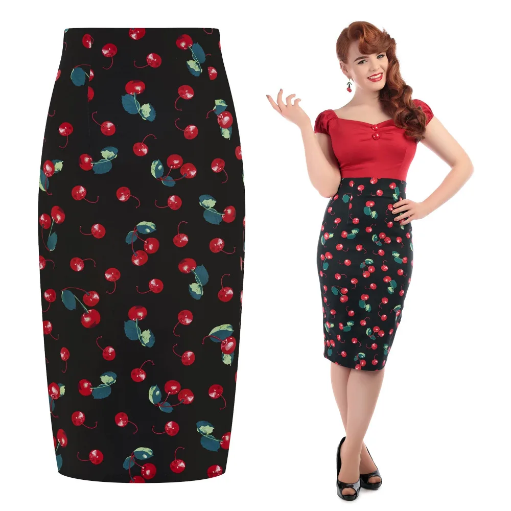 

40- women vintage pinup 50s cherry print high waist wiggle midi pencil skirt in black plus size saia semi-sheer faldas skirts