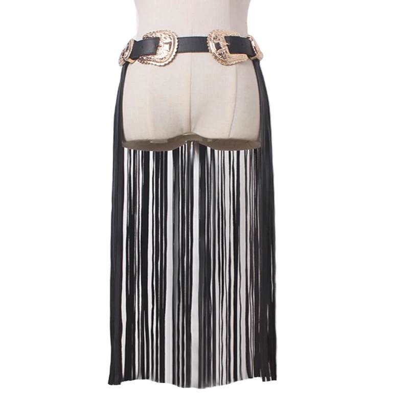 Hot fashion Metal double buckle leather tassel belts women Fringe Black