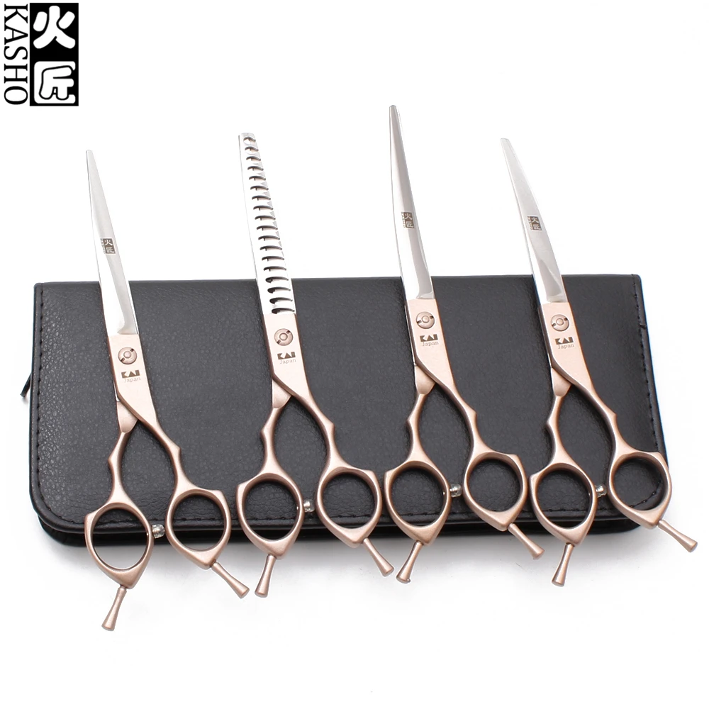 

H3009 7" 440C Rose Gold Kasho Cats Straight Shears Puppy Thinning Scissors Down Curved Shears Pets Scissors Dogs Grooming Shears