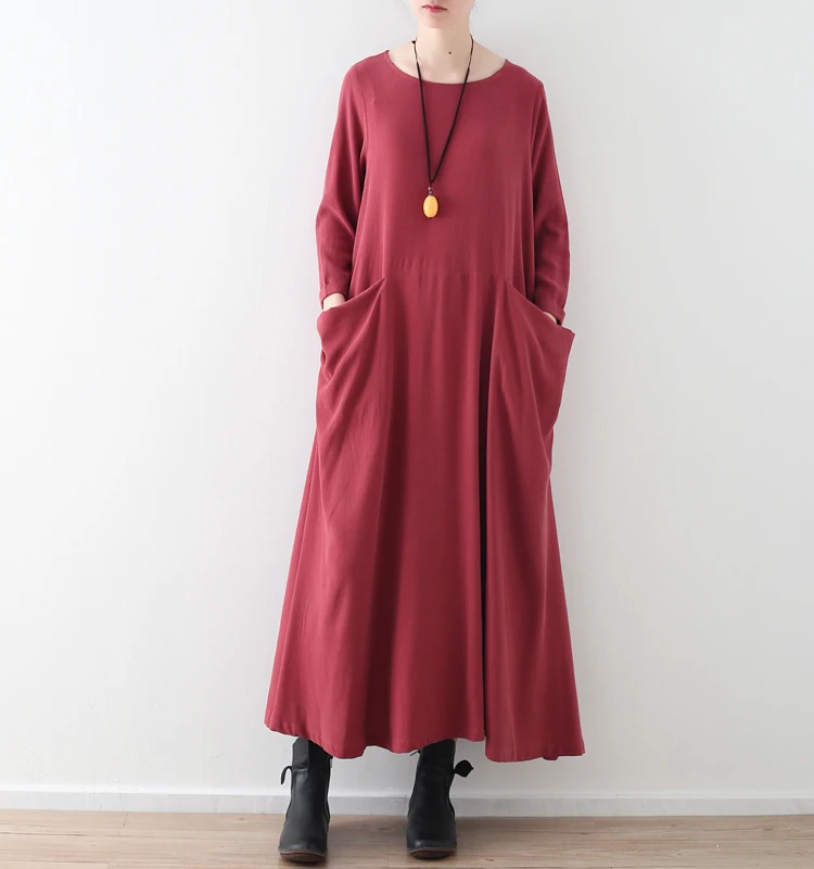 Plus Size Women Solid Black Red Dress Pockets Autumn New Casual Cotton Linen Loose O-Neck Vintage Long Sleeve Maxi Dress