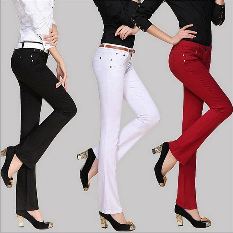 Для женщин пикантные slim flare Джинсы 2018 новые весенние Повседневные Сладкие конфеты сплошной цвет уличная мода джинсы-стрейч для девочек