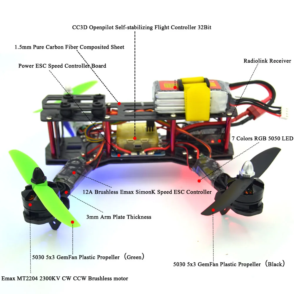 FPV рама гонки + CC3D Контроллер полета MT2204 2300KV двигатель Simonk fpv12A ESC 5030 пропеллер AT9 QAV