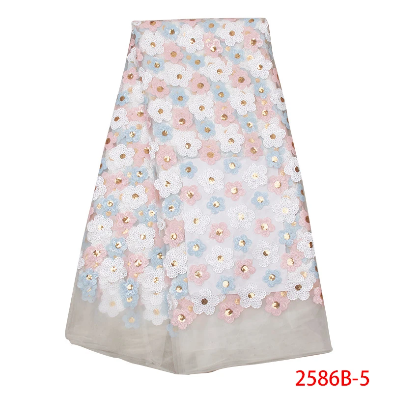 

2019 african lace fabric with sequins best selling french nigerian lace fabrics 3D tulle net for party dresses KS2586B-5