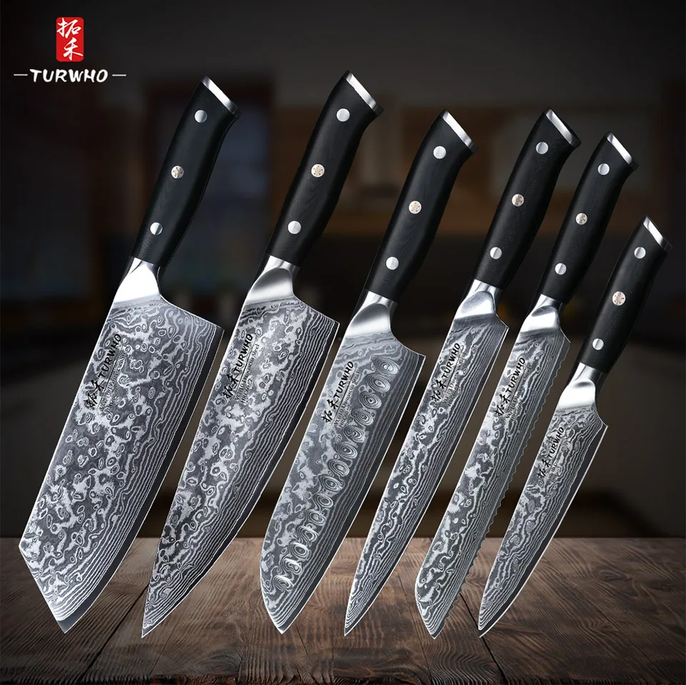 TURWHO 6 шт. набор кухонных ножей 67 слоев VG10 Япония Дамасская сталь шеф-повара Кливер для нарезки Santoku универсальный нож для хлеба G10 Ручка