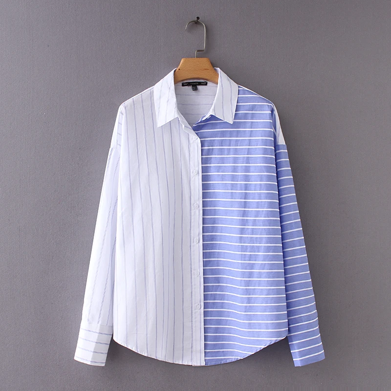 

2018 women striped blouse Long sleeve wide shoulder loose shirt drop shipping SML white blue button patchwork 100%cotton
