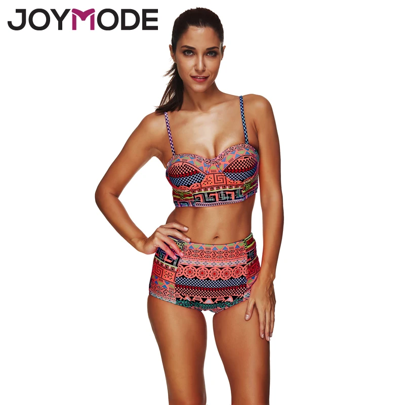 JOYMODE 2017 Ethnic Style Retro High Waist Bikini Geometric Stitching