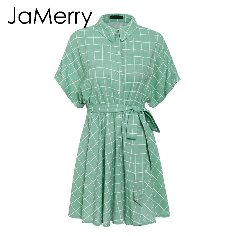 JaMerry, винтажное, элегантное, в клетку, с поясом, женское платье, короткий рукав, ТРАПЕЦИЕВИДНОЕ, повседневное, уличная одежда, женское, короткое платье, на пуговицах, летнее платье