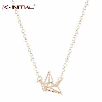 1pcs Gold Silver Origami Crane Necklace Women Jewelry Handcrafted Brushed Metal Origami Crane Necklace Cute Bird Long Chain