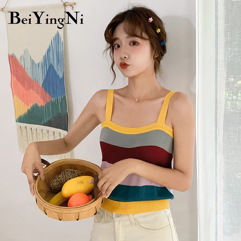 

Beiyingni Rainbow Stripe Women Camis Knitted Cute Slim Sleeveless Strap Tank Top Vintage Sweet High Street Summer Chic Camisole