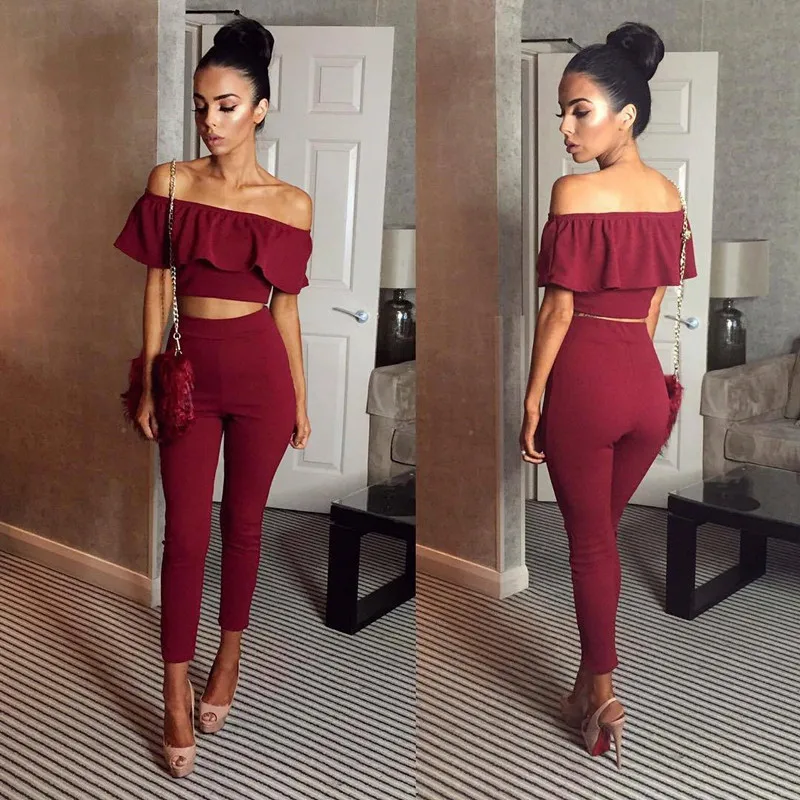 

Sexy Off Shoulder Ruffles Women Two-piece Set 2019 New Casual Solid Backless Short Tops Sets Emprie Slim Long Pants 2-piece Set
