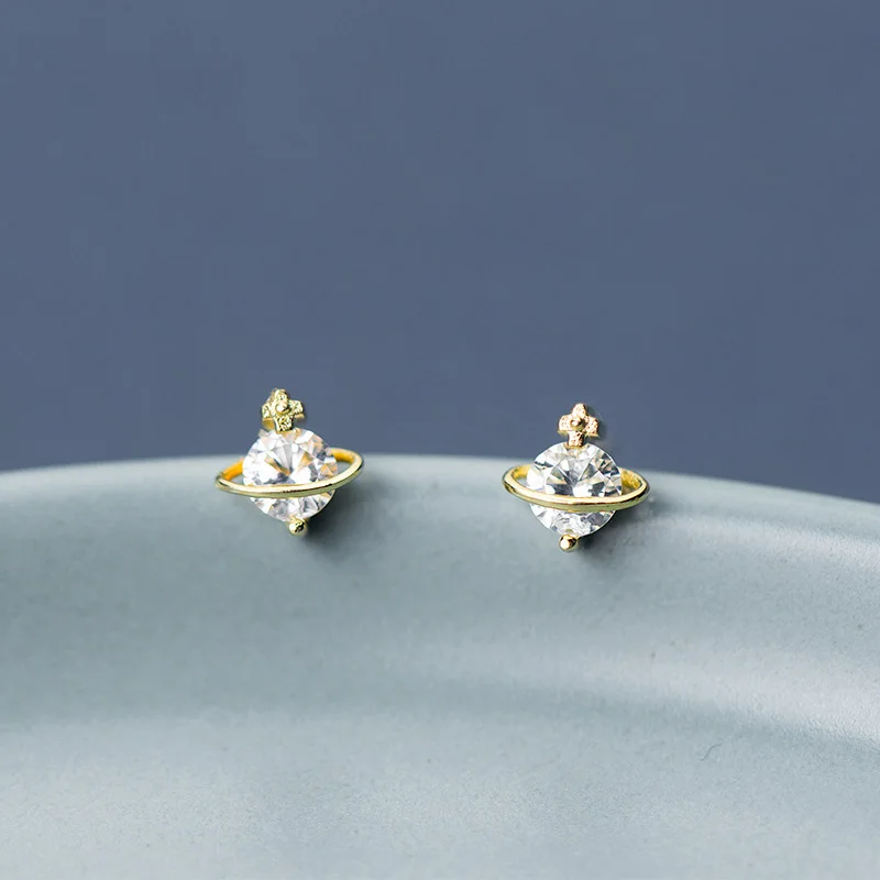 

925 Sterling Silver Rhinestone Gold Color Stud Earrings for Women Girls Golden Cosmic Planet Star Cute Mini Ear Studs Jewelry