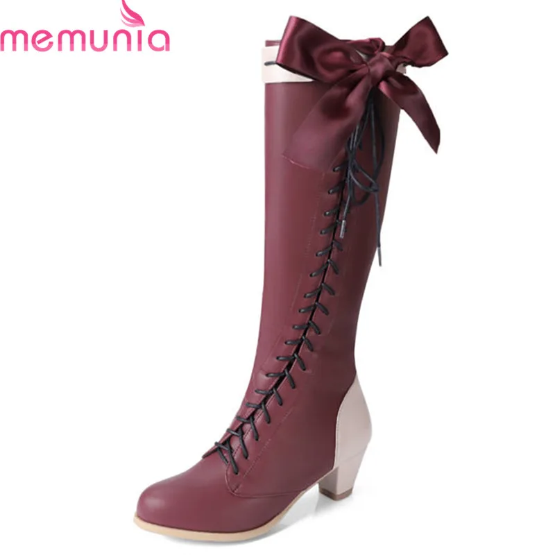 MEMUNIA 2018 wholesale big size 33 48 knee high boots women round toe pu fashion boots lace up ...