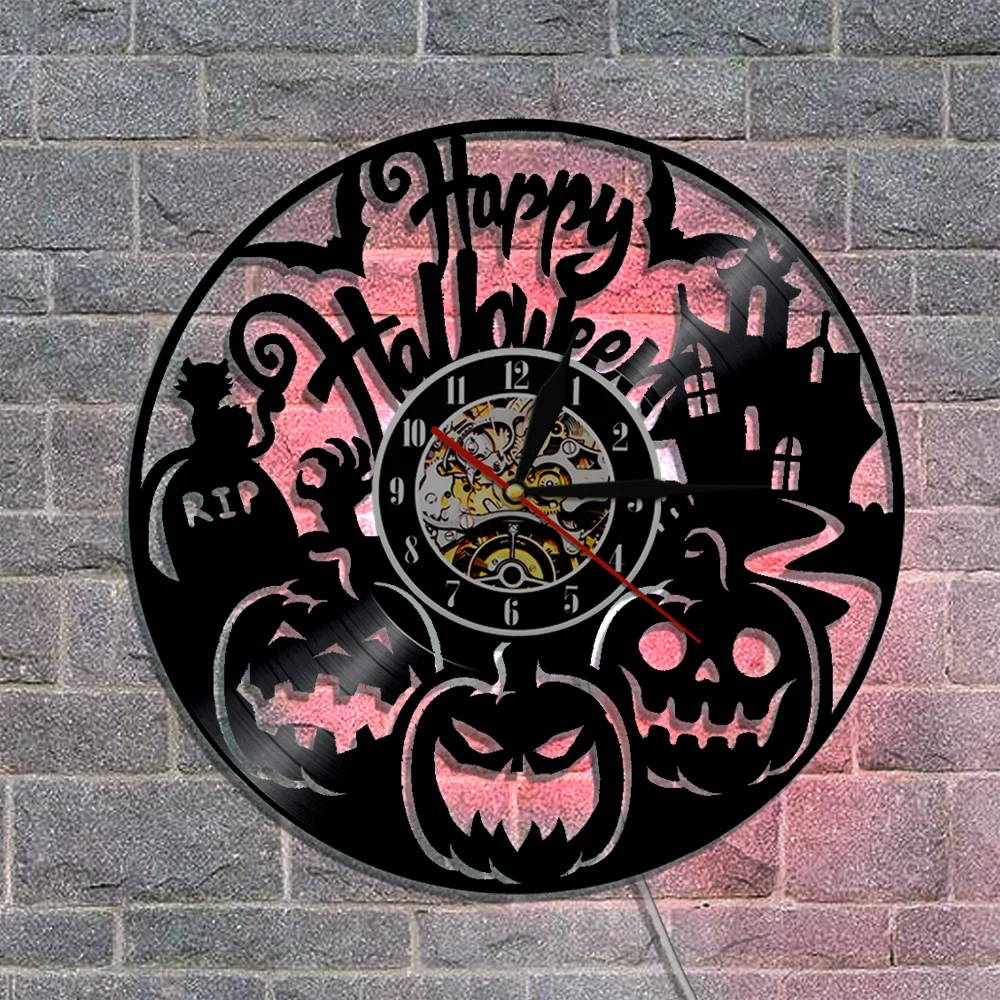 1Piece Happy Halloween Vinyl Record Wall Clock Laser Etched Pumpkin