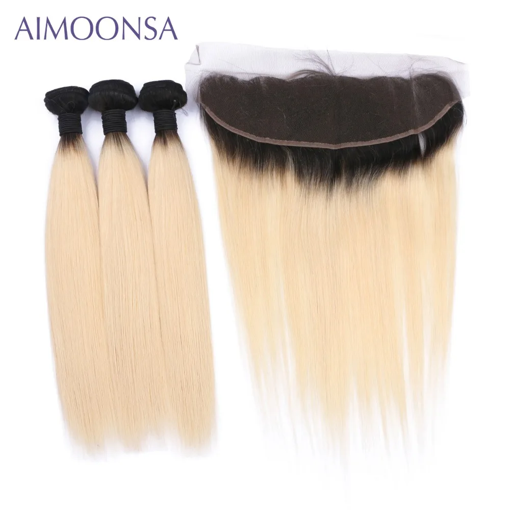 

1B/613 Blonde Frontal Ear To Ear Straight Human Hair Bundles with Closure Brazilian Color Hair Wefts Non-Remy