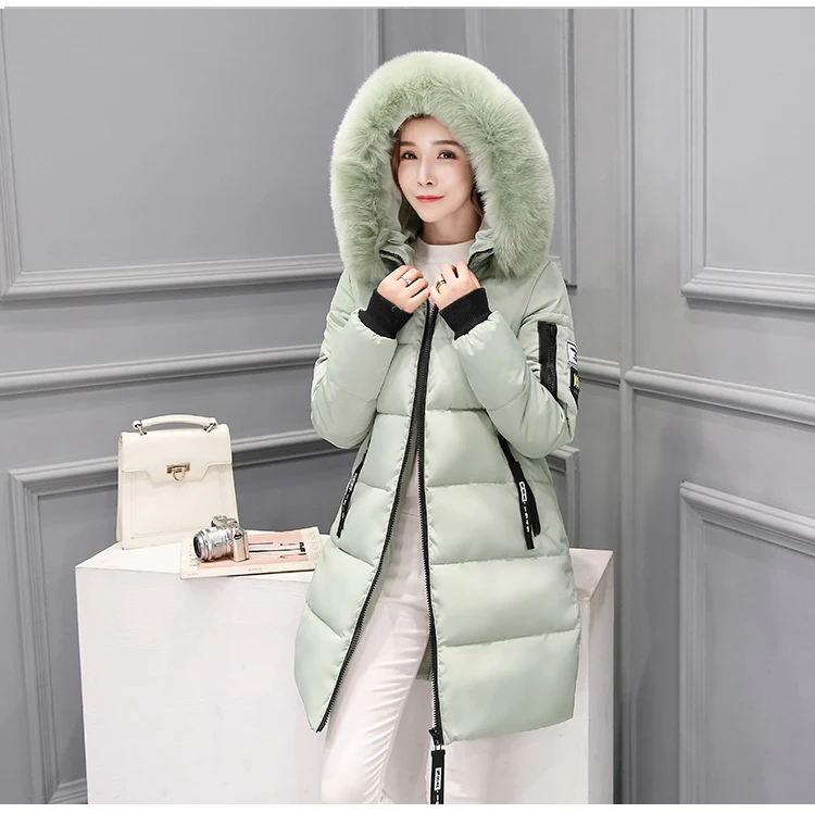 Женская зимняя верхняя одежда, корейский большой меховой воротник, пуховая хлопковая парка, женская тонкая модная верхняя одежда средней длины, теплая Толстая стеганая куртка, пальто