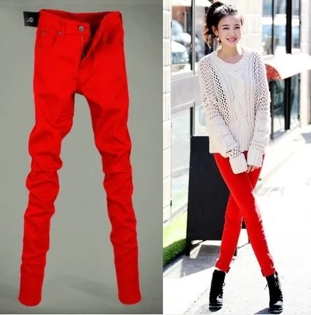Красные джинсы мужские осенние мужские джинсы тонкий карандаш брюки мужские узкие брюки красные брюки мужские джинсы больших размеров для девочек и женщин 25-36