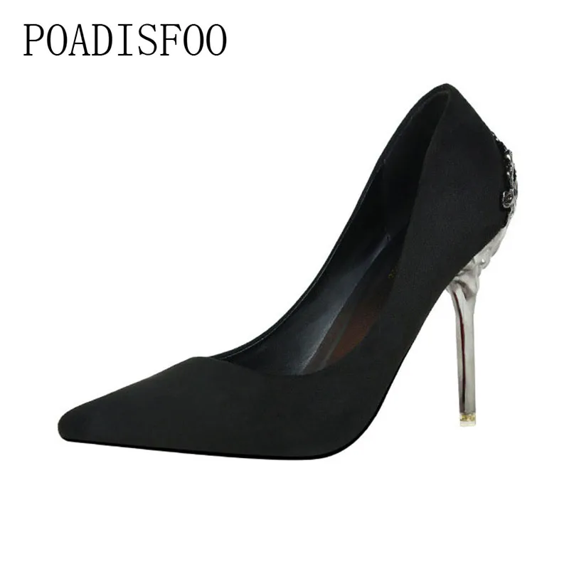 

POADISFOO 2018 women pumps Wedding Shoes Red Bridal Shoes Metal Hollow Suede Pointed High Heels for ladies .ZWM-1723-1