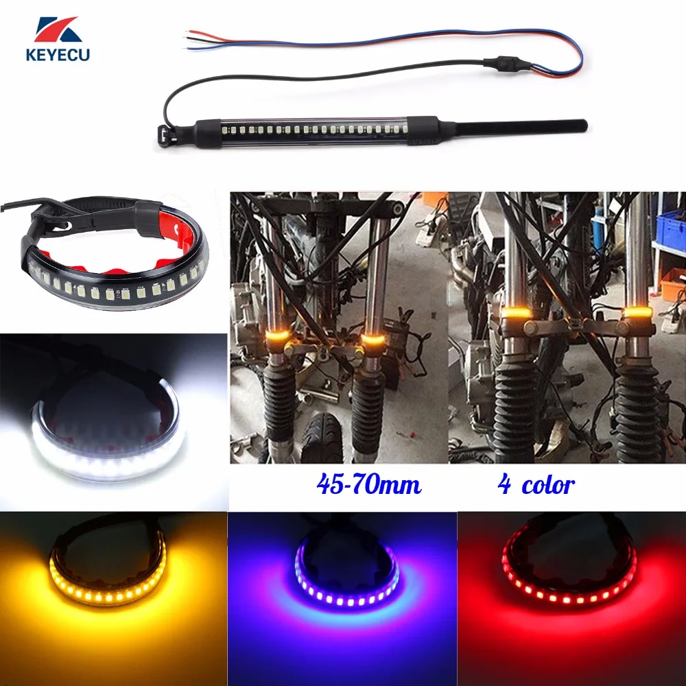 Keyecu 2 PCS Motorcycle Fork Light Strips Waterproof 45 70mm LED Turn Signal Light with Strobe