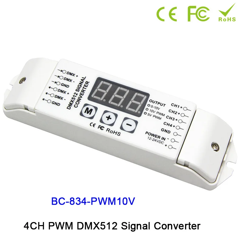 

BC-834 4CH DMX512 led driver controller PWM 5V/PWM 10V signal PWM DMX512 Signal Converter 3-digital-display shows DC12V-DC24V