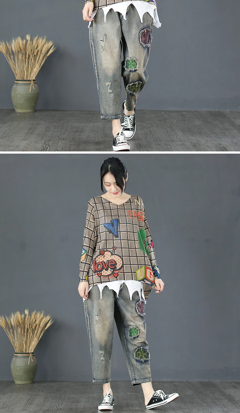 Literay Mori/пуловеры для девочек, топ из тонкой ткани, клетчатые свитера с принтами букв, женская Свободная верхняя одежда с v-образным вырезом, трикотажная льняная одежда с рисунком