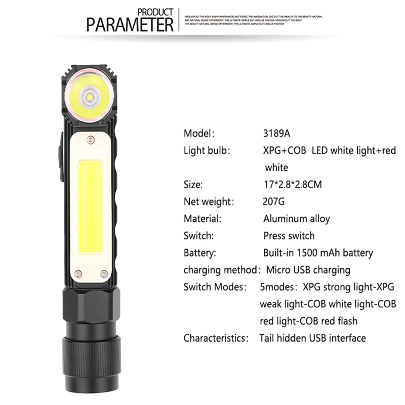 XANES 3189A X PG COB Светодиодный белый свет + красный белый 5 режимов USB Перезаряжаемый рабочий свет Открытый Кемпинг Аварийный светодиодный