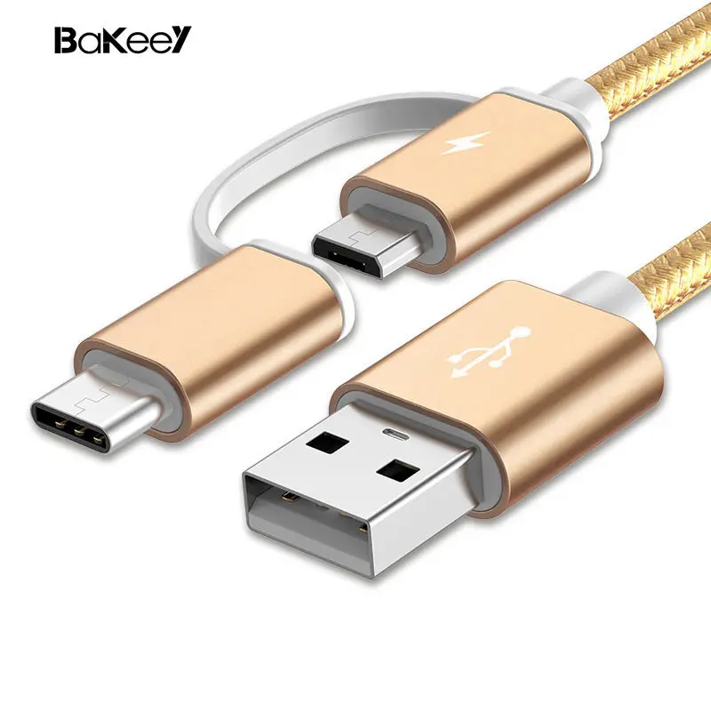 

Hot Bakeey 2 in 1 Type C Micro USB Nylon Braided Data Charging Cable USB 2.0 for Xiaomi 6 Oneplus S8 S7 Rose Gold Silver Gold