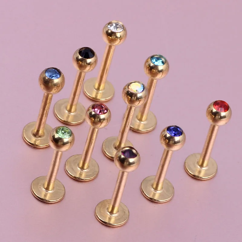Tragus Earring Lip Ring Labret Ring Stainless Steel Gold Ball Gem Labret Bar Crstayl Nose