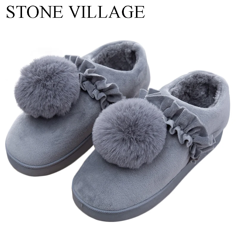

New Arrival High Quality Feather Ball Solid Flat Cotton Women Slippers shoes Winter Plush Warm Home Slippers Size 36-40