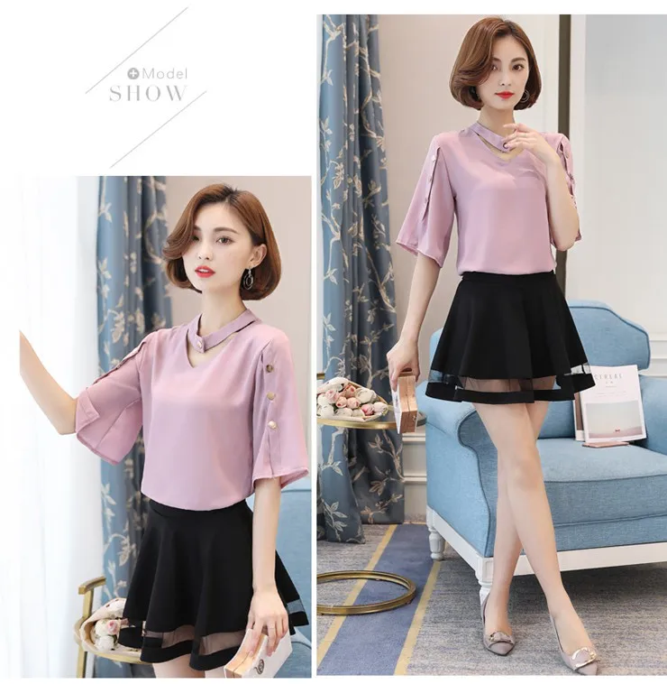 Blouse Shirt Women 2018 Korean Style V-neck Tops Ladies Chiffon Blouse Button Short Sleeve White Shirts Summer Blusas Mujer (5)