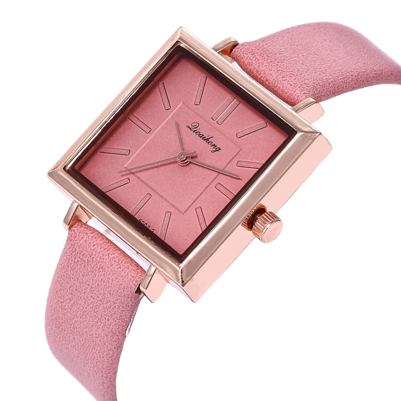 Брендовые женские часы, модные, с квадратным циферблатом, с тиснением, под платье, кожаный ремешок, кварцевые наручные часы, женские часы-браслет - Цвет: Розовый