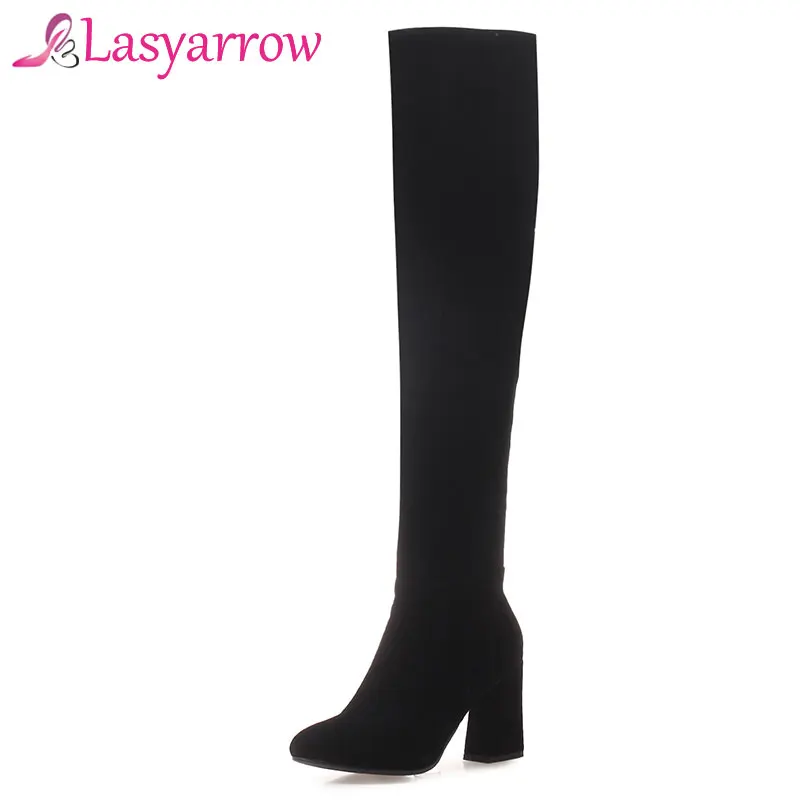 

Lasyarrow Solid Black Zipper Botas Mujer Chunky High Heels Thigh High Boots Women Fashion Female Long Boots Plus Size 33-43 F818