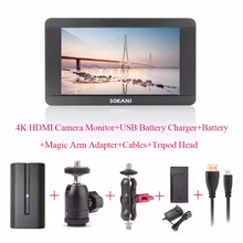 Sokani SK-5 5» 4K HDMI On-Camera Monitor for Sony Panasonic Cameras Monitor+Battery+USB Battery Charger+Magic Arm Adapter+Cable