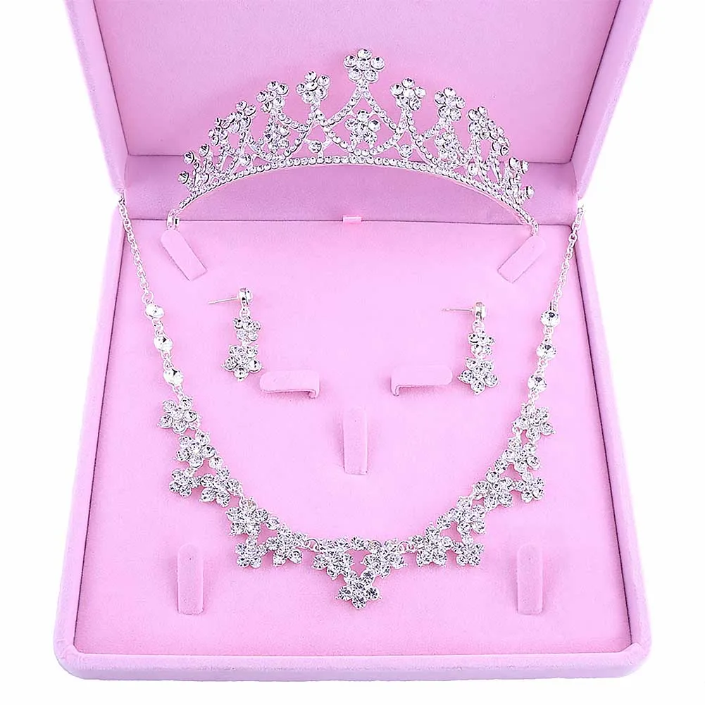 Luxury Rhinestone Princess Tiara Crown Flower Necklace Earrings Bridal Headdress Hair