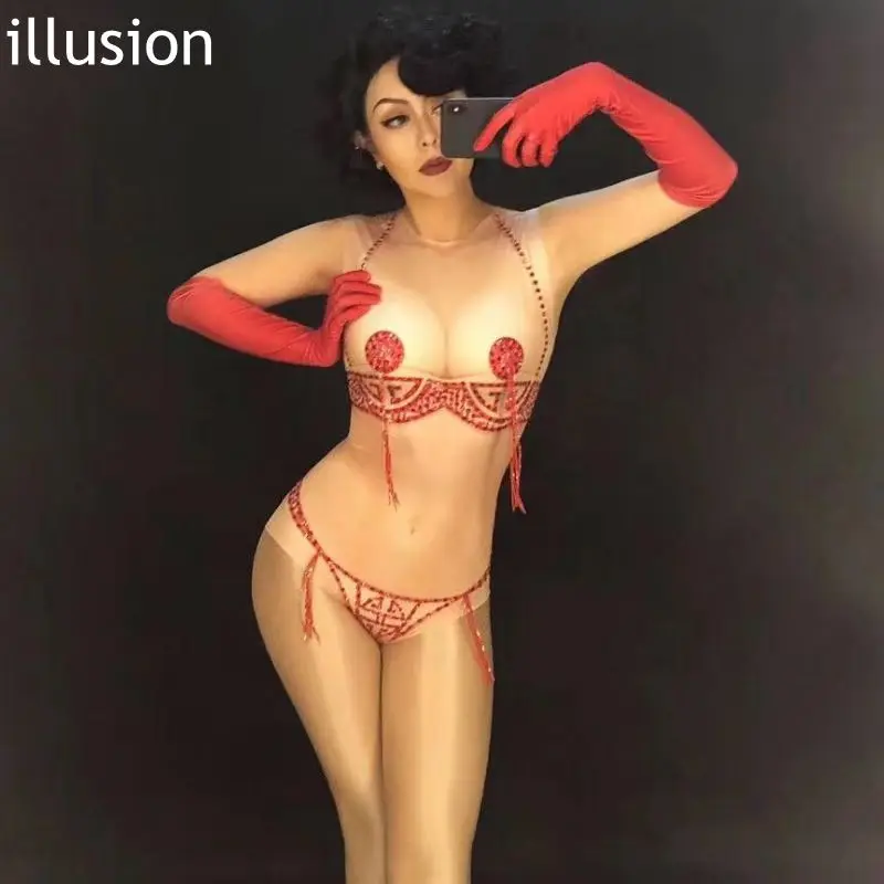 Sparkly Rhinestone Tassel Sexy Women Bodysuit with Gloves DJ DS Nightclub Stage Performance Show Co