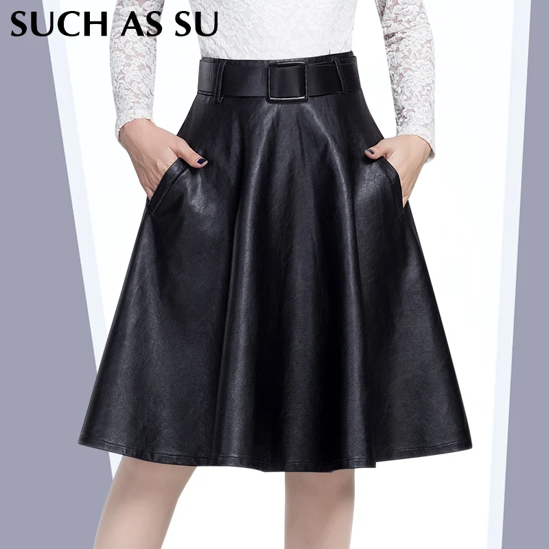 PU Autumn Winter Skirts Women 2016 High Waist Black Slim Knee Length tutu Pleated Skirts S XXXL