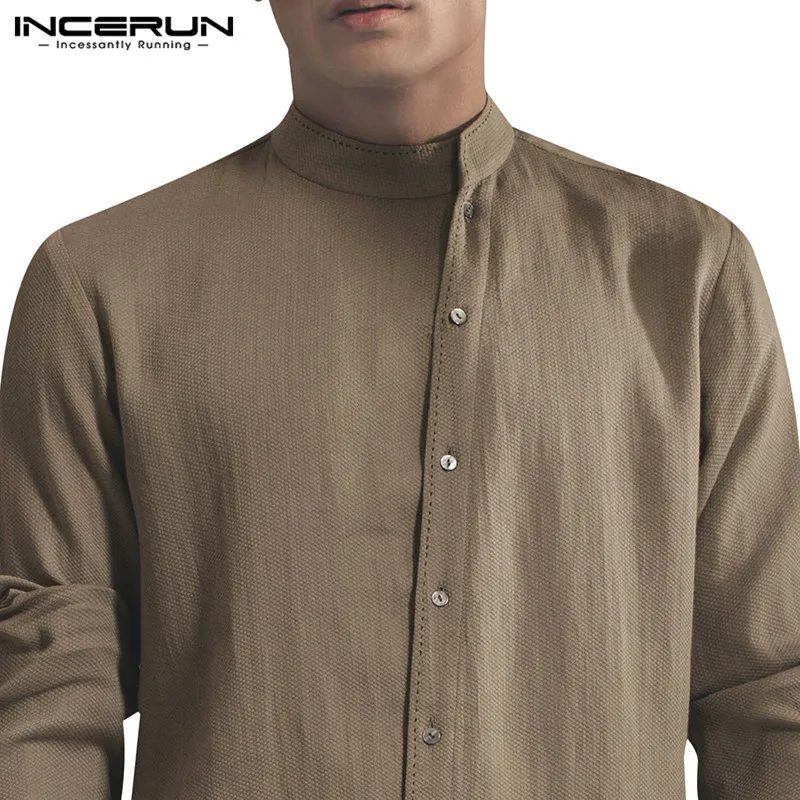 INCERUN, хлопок, винтажная Мужская рубашка со стоячим воротником, длинные рубашки с длинным рукавом на пуговицах, Мужская Пакистанская мусульманская одежда, индийские Топы