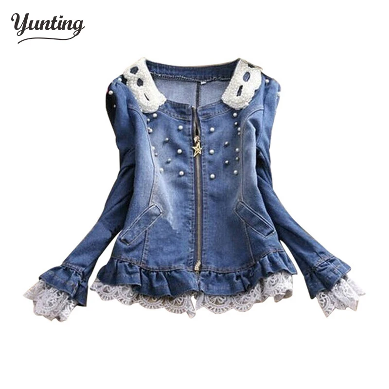 

free shipping 2019 Best selling!!wholesale and retail ladies lace jeans coat pearl collar women denim jacket female cowboy wear