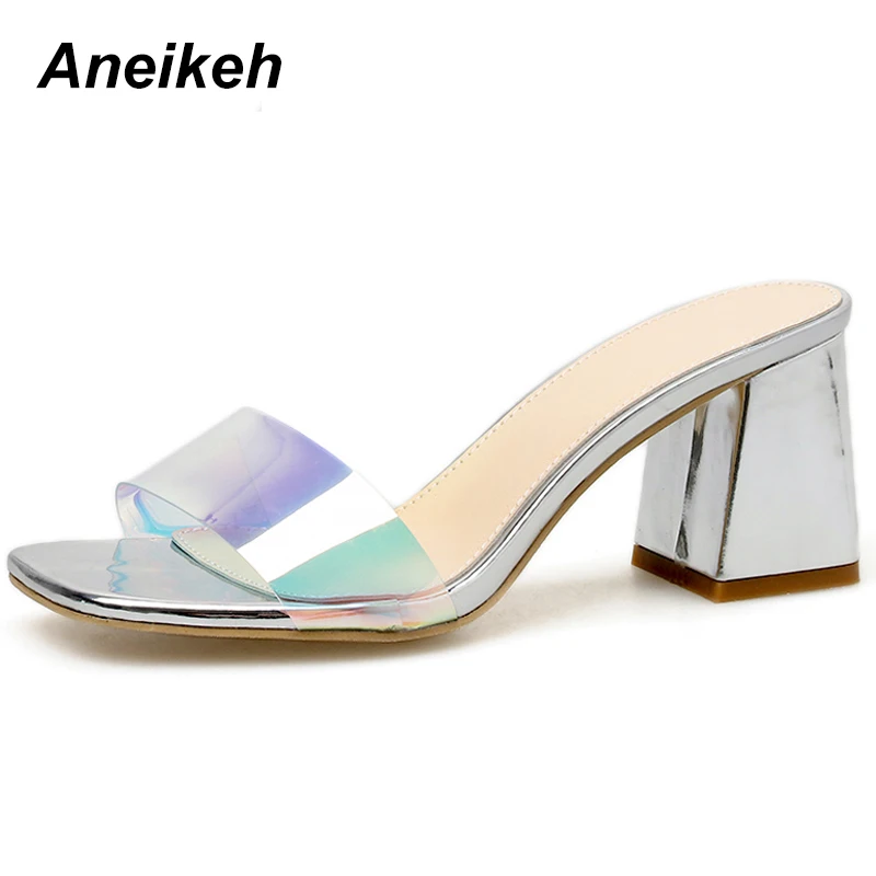 

Aneikeh 2019 Summer Chunky Heels Slipper Woman Silver PVC Slides Fashion Slip On Shoe Hollow Mules Slides High Heel Shoes Black