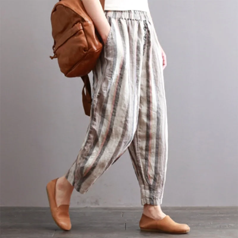 S-5XL,, ZANZEA, женские винтажные полосатые штаны с эластичной резинкой на талии, повседневные мешковатые длинные штаны-шаровары, свободные Панталоны из хлопка и льна