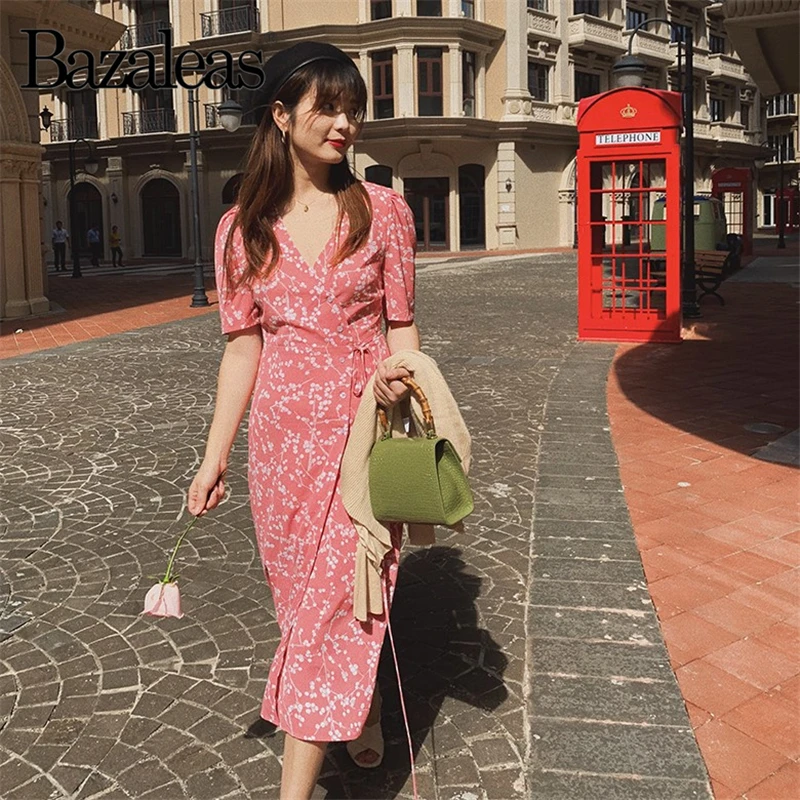 Bazaleas старое розовое платье миди с принтом гортензии модное летнее платье винтажное платье с пуговицами и завязками спереди vestidos