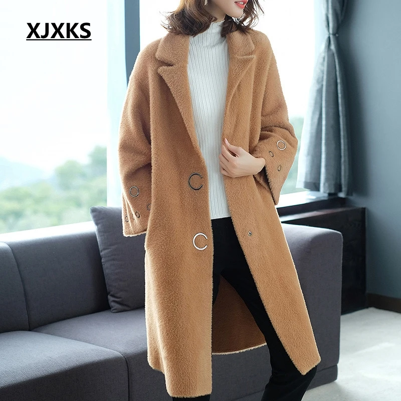 

XJXKS manteau femme hiver winter coat women casaco feminino turn-down collar 2019 new sale fuzzy outwear women wool coat