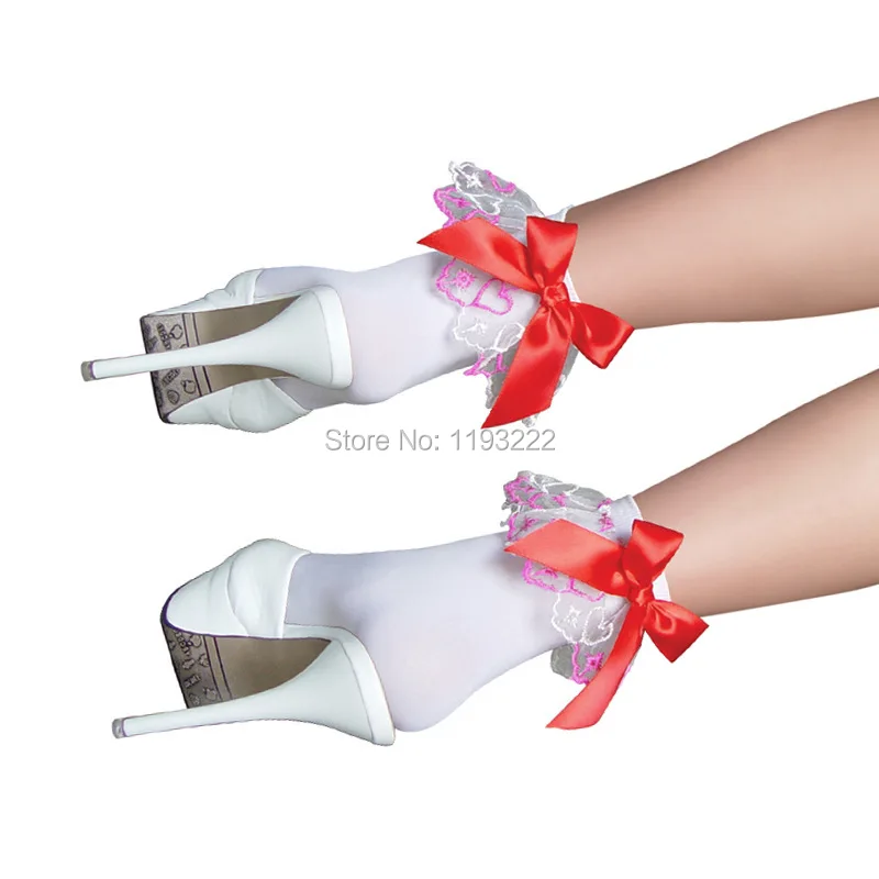 

Lolita Kawaii Girl Cosplay Embroidered Hearts Ruffle Anklet with Satin Bow Lace Sheer Short ankle Socks