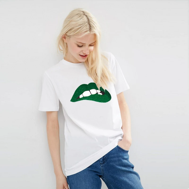 ZSIIBO/Новинка 2019 года; стильная женская футболка с блестками и принтом в виде рта; Повседневная футболка с короткими рукавами; панковская